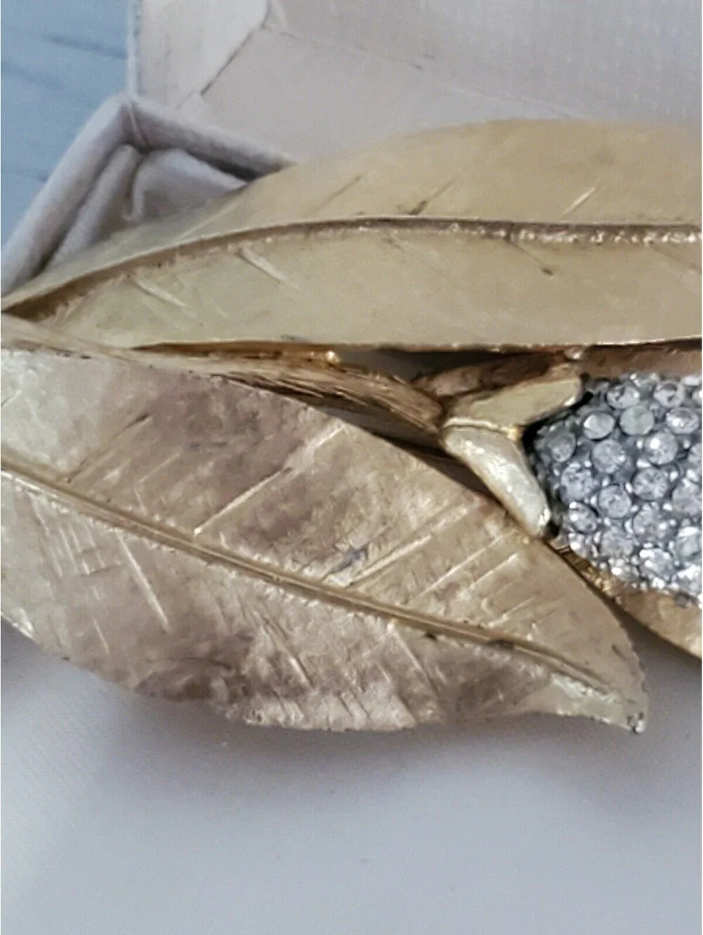 Vintage Signed BSK Flower Pod Textured Gold Tone & White Rhinestone Large Brooch
